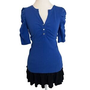 Ruffled Hem Knit Top Ruched V Neck Puff Short‎ Sleeves Blue Blouse